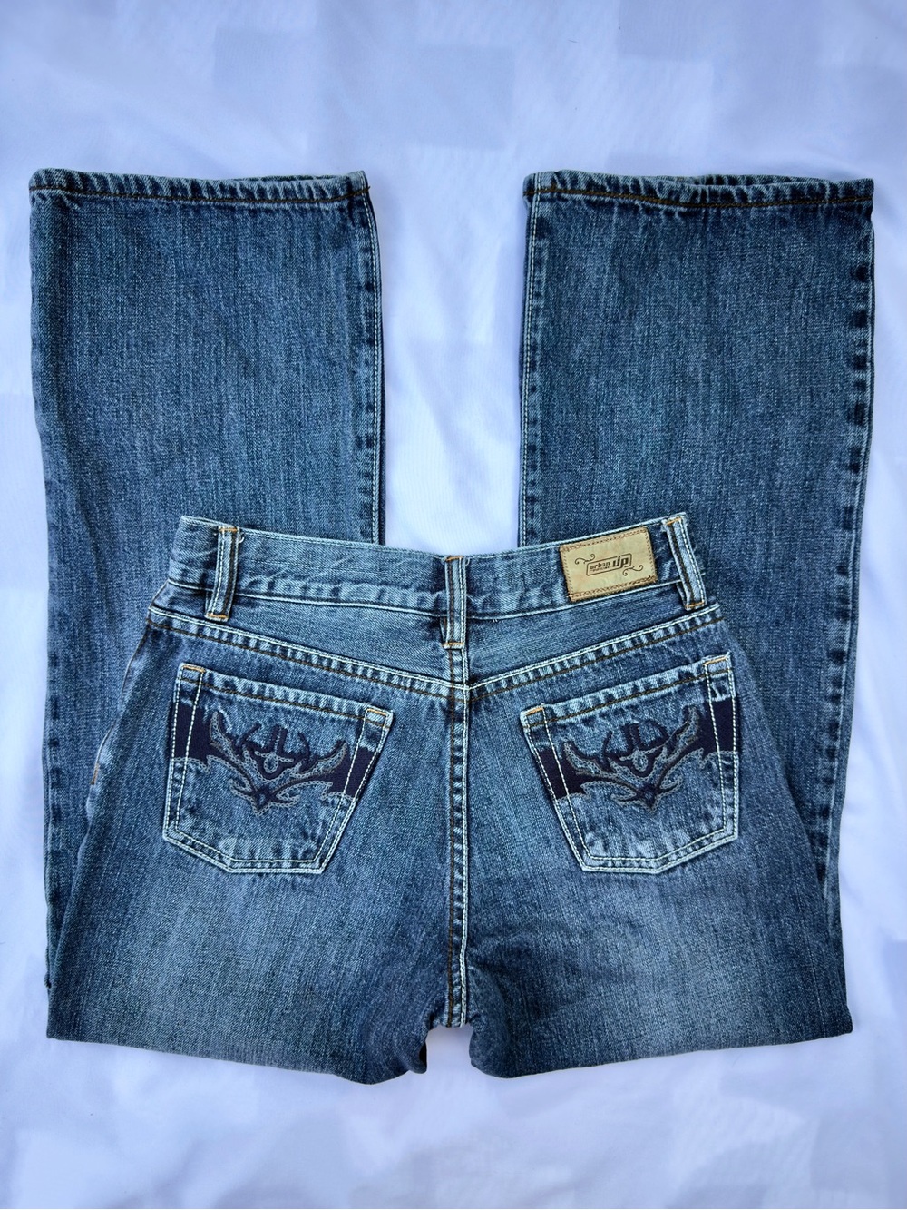 vintage y2k cyber grunge urban pipeline bootcut jeans with embroidered bat desig
